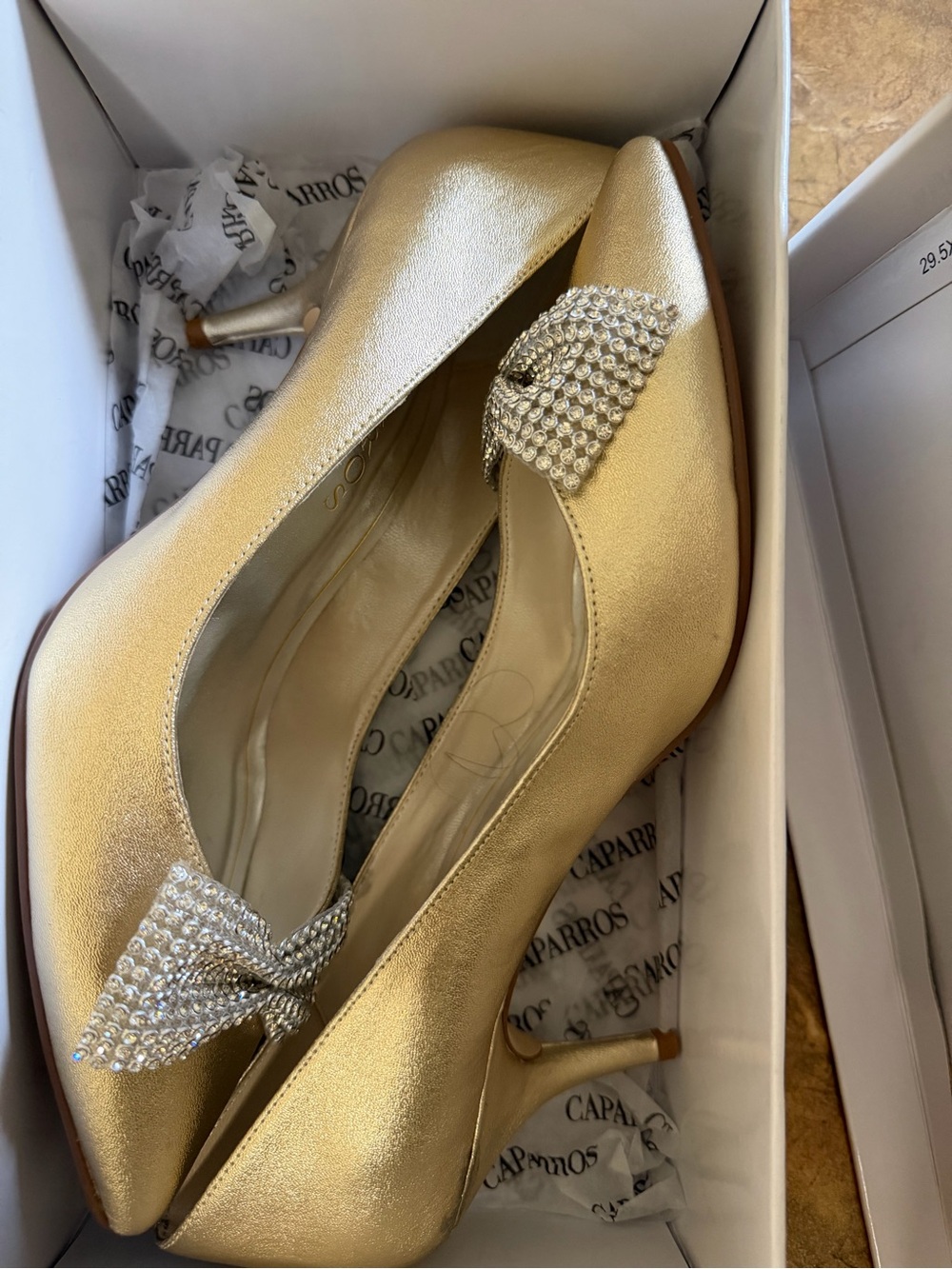 Caparros Gold Pointed-Toe Pumps with Crystal Bow